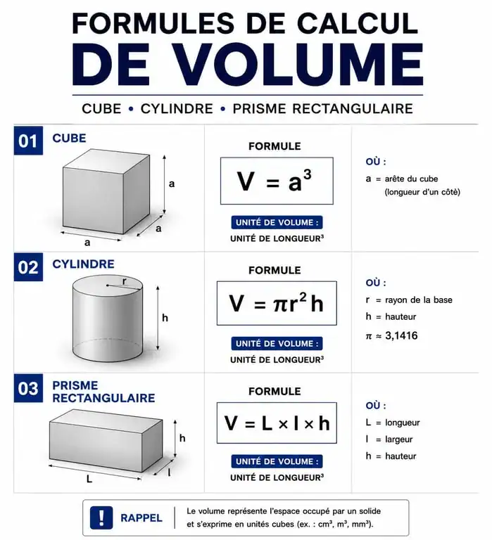Formules de calcul de volume en mètres cubes pour différentes formes géométriques