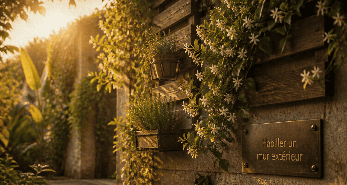 idee pour cacher un mur exterieur avec plantes grimpantes et panneaux bois