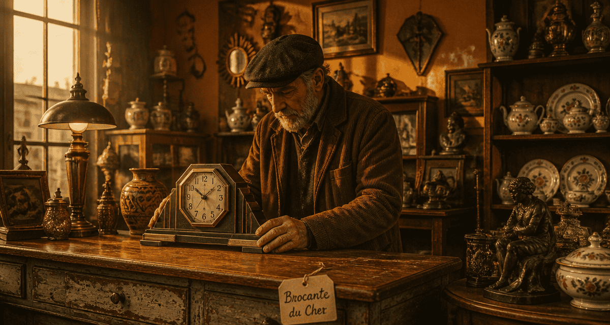 Les brocanteurs du Cher inspectent une horloge Art Déco