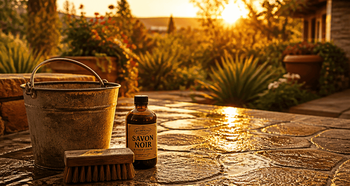 nettoyage dalle terrasse javel avec savon noir et brosse