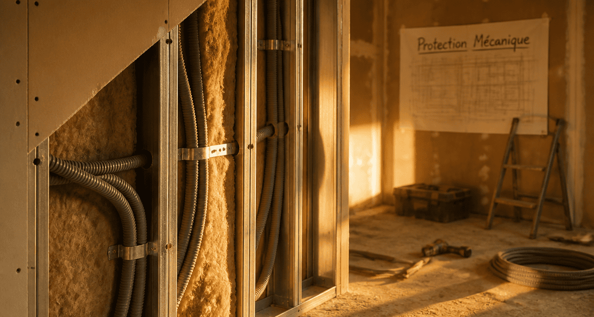 norme câble sans gaine dans cloison placo visible chantier
