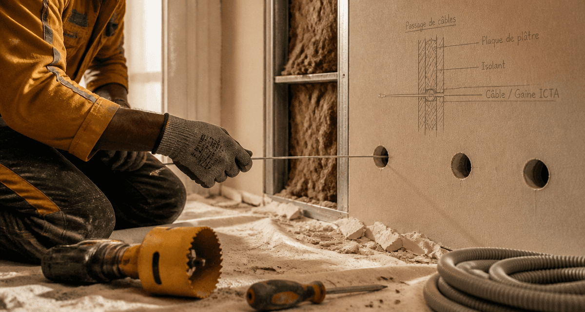 passer un câble horizontal dans une cloison placo, électricien et outils