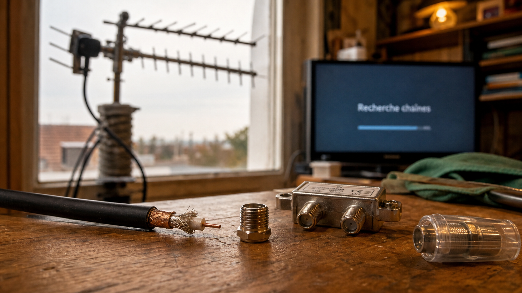 Branchement antenne tv rateau : câble coaxial et fiche F pour un signal stable