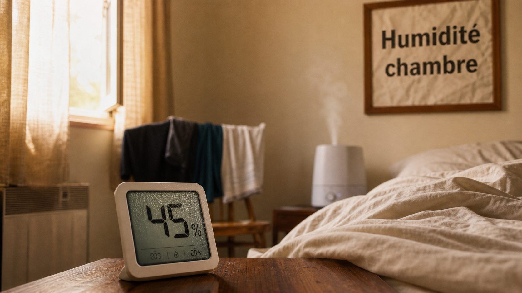 Comment humidifier une chambre : hygromètre à 45% et humidificateur à ultrasons
