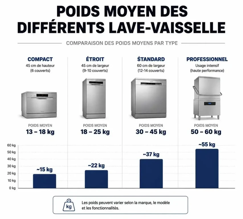 Infographie comparative du poids moyen des lave-vaisselle selon leur type et taille pour faciliter le choix de l'appareil