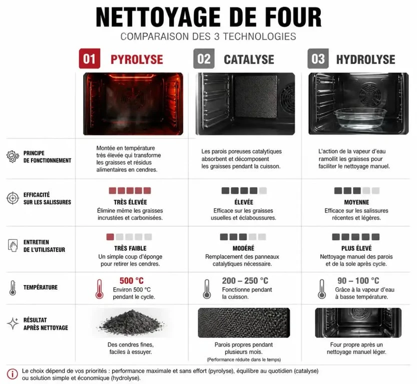 Infographie comparative des technologies de nettoyage pour four encastrable : Pyrolyse, Catalyse et Hydrolyse.
