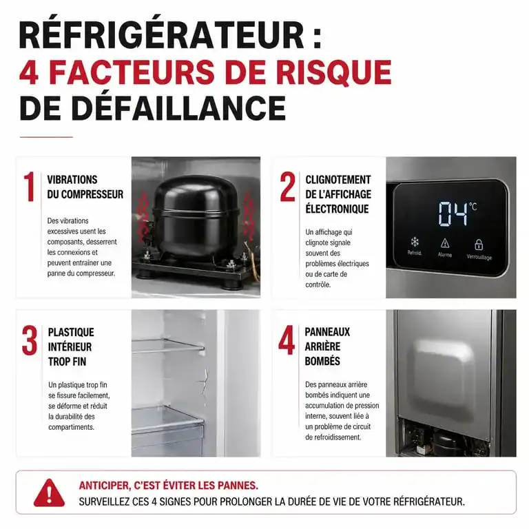 Infographie des signes d'alerte pour identifier une marque de réfrigérateur à éviter