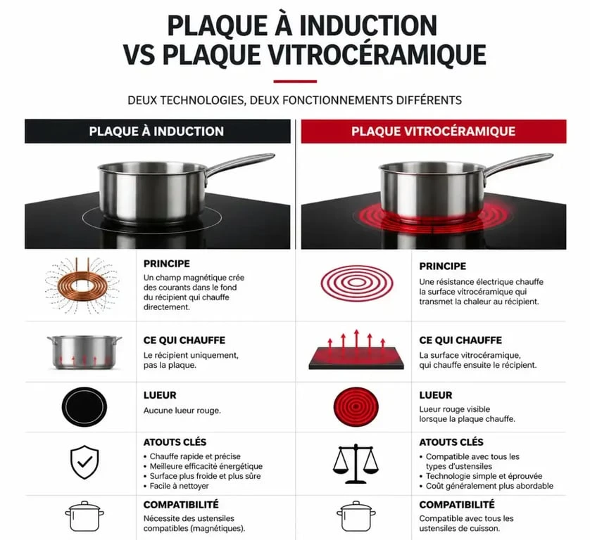 Infographie comparative pour reconnaître une plaque à induction et une plaque vitrocéramique