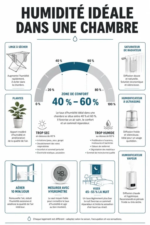 Infographie sur les méthodes pour humidifier une chambre et maintenir un taux d'humidité optimal