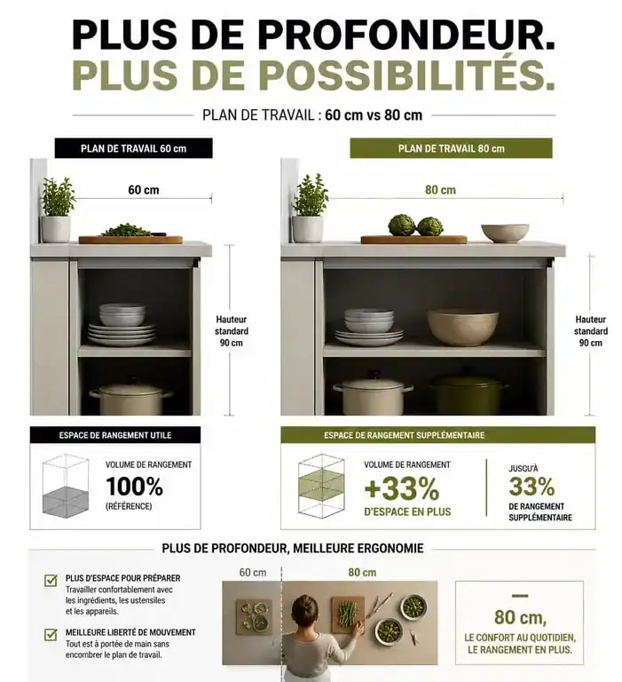 Comparaison ergonomique entre un plan de travail de 60 cm et un plan de travail de 80 cm de profondeur pour une cuisine optimisée