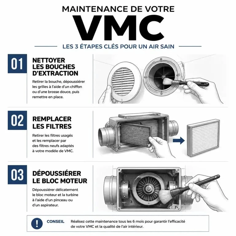 Schéma des étapes de maintenance VMC pour un air intérieur sain