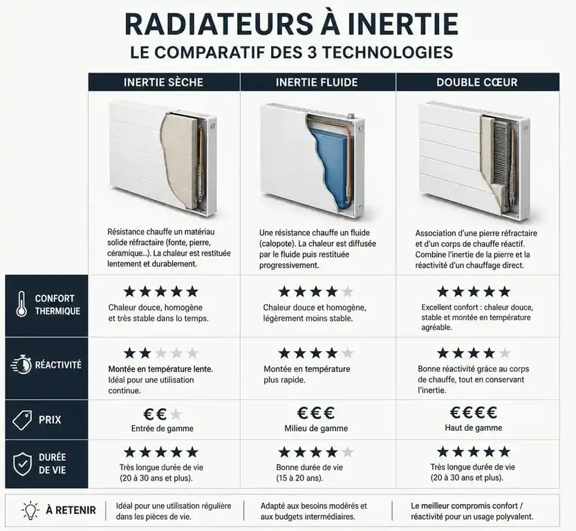 Tableau comparatif des radiateurs à inertie sèche, fluide et double cœur pour choisir le meilleur système de chauffage