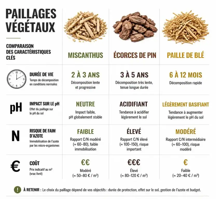 Comparatif des paillages : miscanthus inconvénient, écorces de pin et paille de blé