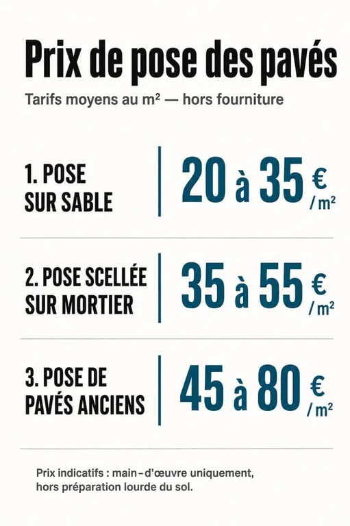 Tableau comparatif des prix de pose de pavés au m2 sans fourniture selon la méthode