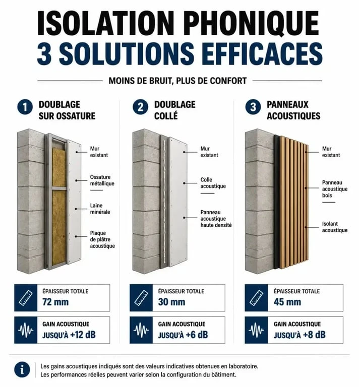 Comparatif des solutions pour isoler phoniquement une pièce : gain acoustique et épaisseur des matériaux