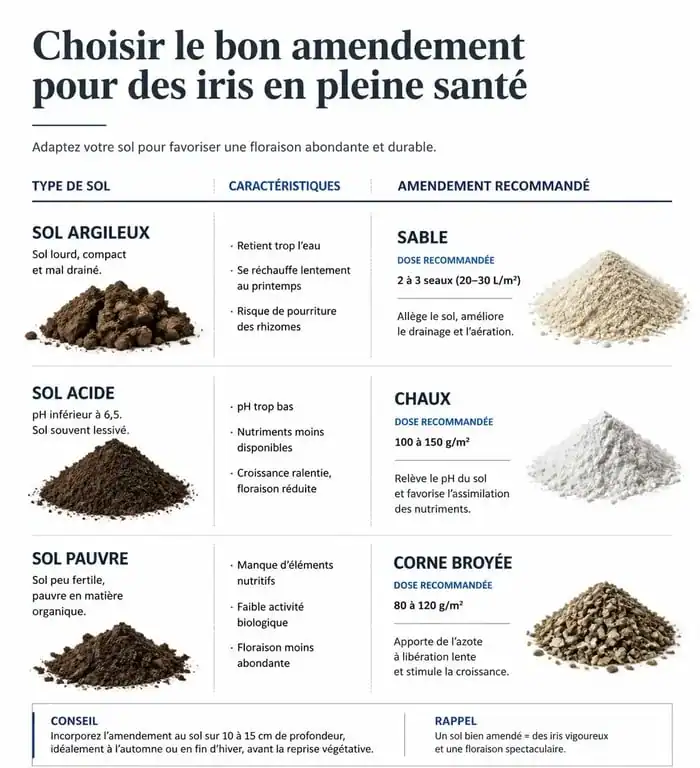 Tableau comparatif des amendements et préparation du sol pour la culture des iris au jardin