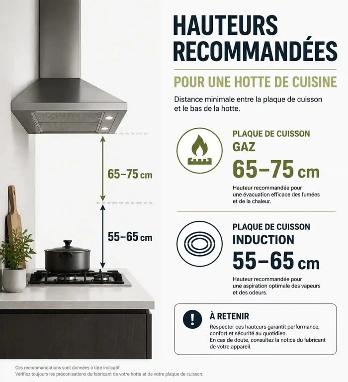 Schéma des hauteurs recommandées entre la plaque de cuisson et la hotte de cuisine pour une installation sécurisée.