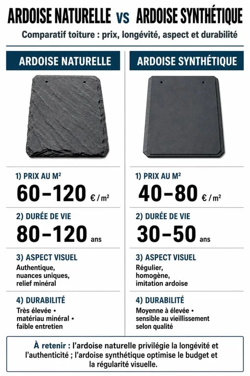 Comparatif prix et caractéristiques toit en ardoise naturelle vs synthétique
