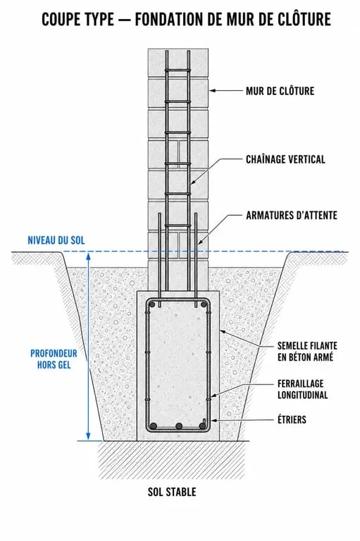 Schéma technique d'une fondation de mur de clôture avec semelle filante et ferraillage