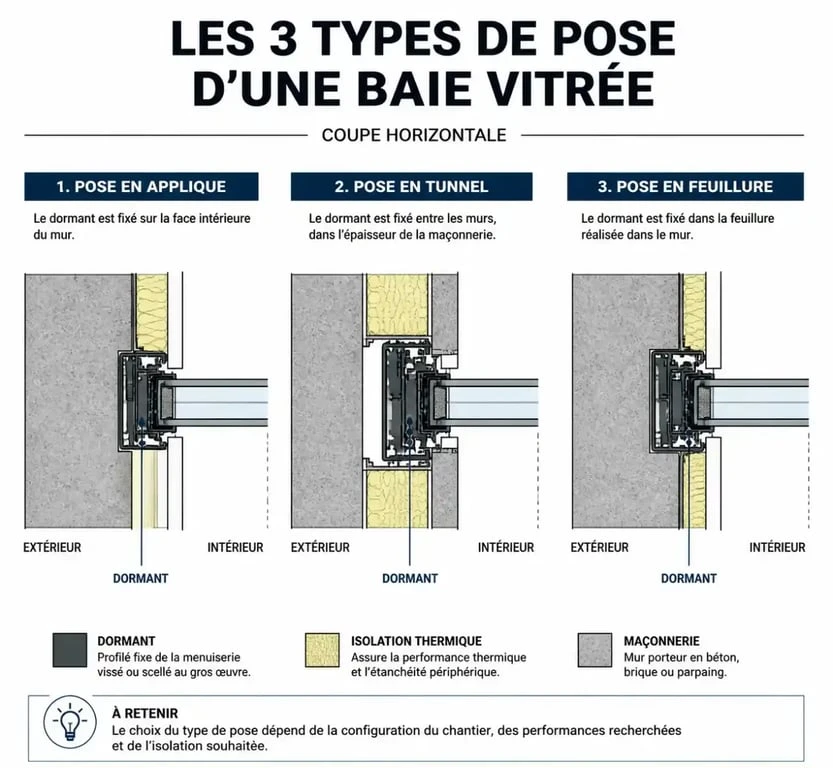 Schéma technique des méthodes de pose pour l'installation d'une baie vitrée