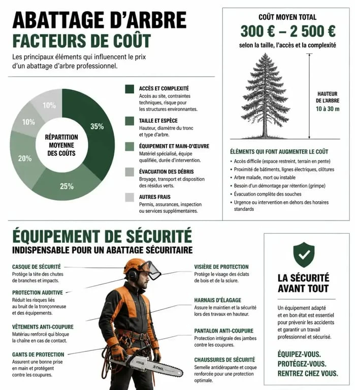 Infographie des facteurs de coût et équipements de sécurité pour la coupe d'arbre