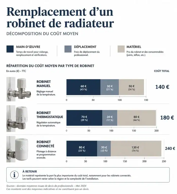 Infographie du prix d'un plombier pour changer un robinet de radiateur : décomposition des coûts et tarifs moyens.