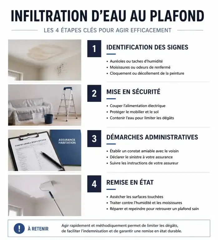 Infographie des étapes de gestion d'une infiltration d'eau au plafond