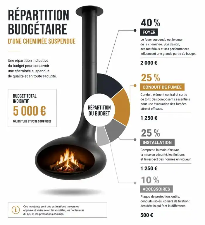 Répartition du prix d'une cheminée suspendue : foyer, fumisterie et installation