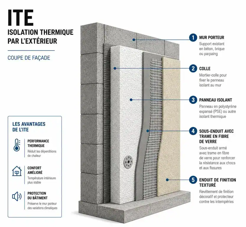 Schéma en coupe d'un système de crépi isolant pour façade ITE
