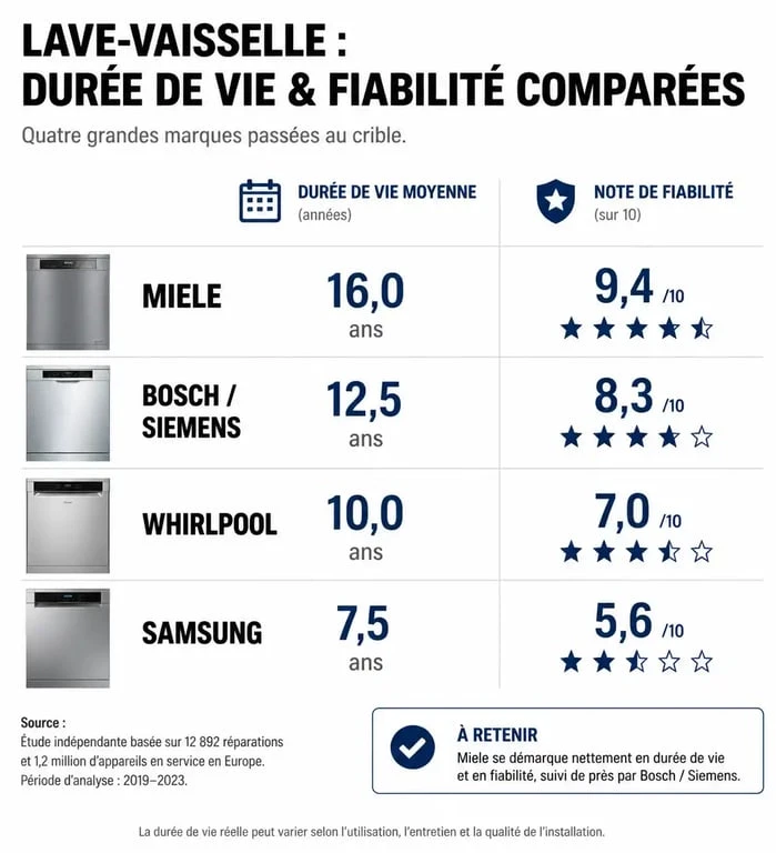 Infographie comparant la durée de vie et la fiabilité des marques de lave-vaisselle pour optimiser sa durée de vie