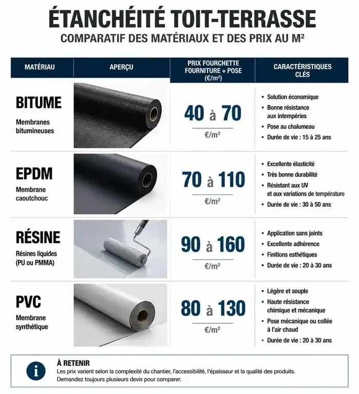 Comparatif des prix au m2 pour l'étanchéité d'un toit terrasse selon le matériau utilisé