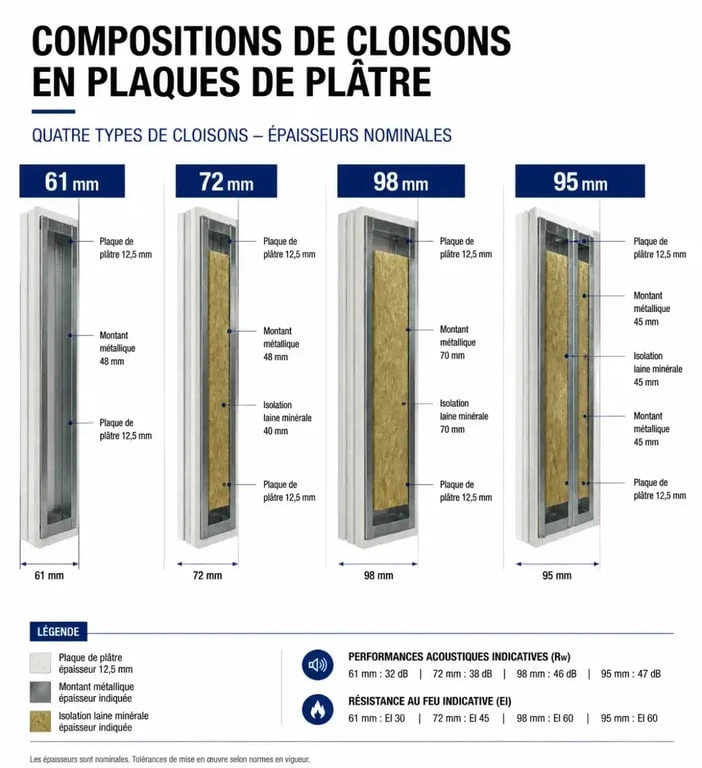 Schéma comparatif des épaisseurs de cloison en Placo : 61mm, 72mm, 98mm et 95mm avec détail de la composition.