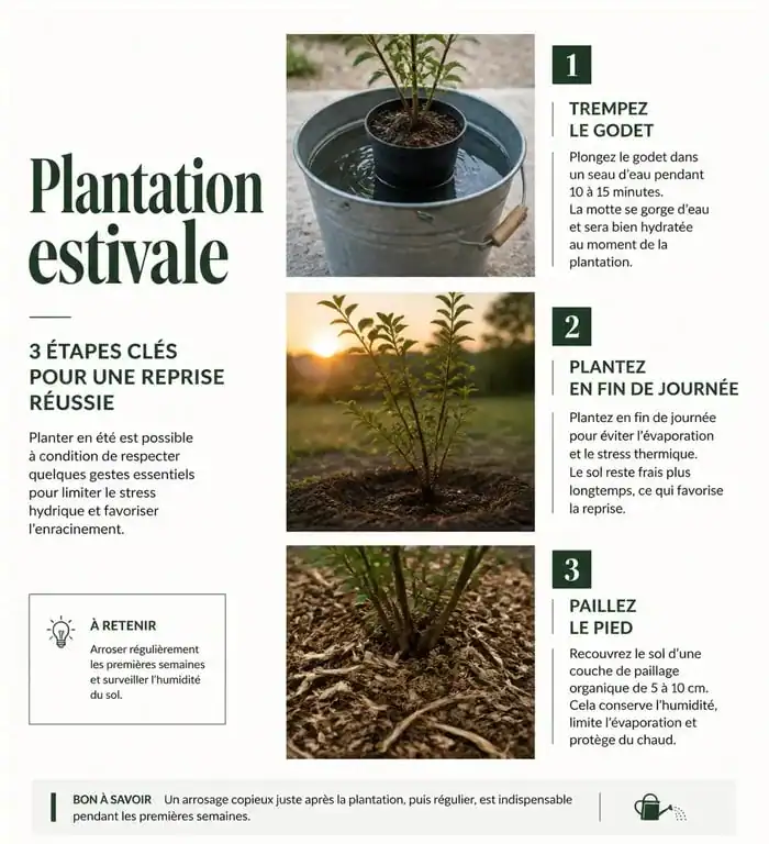 Étapes pour réussir la plantation de fleurs en juillet et août : trempage, plantation en soirée et paillage.