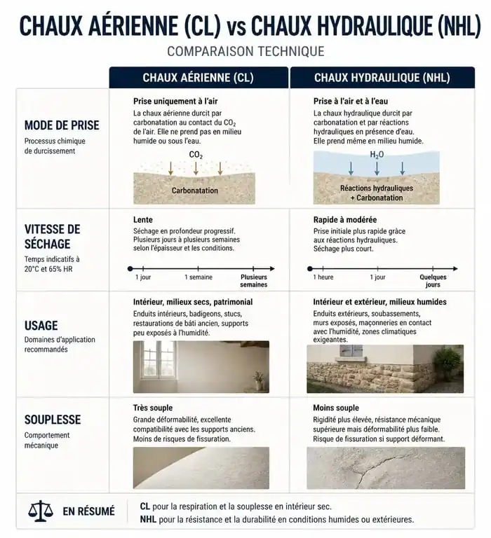Comparatif technique entre chaux aérienne et chaux hydraulique pour enduit à la chaux aérienne