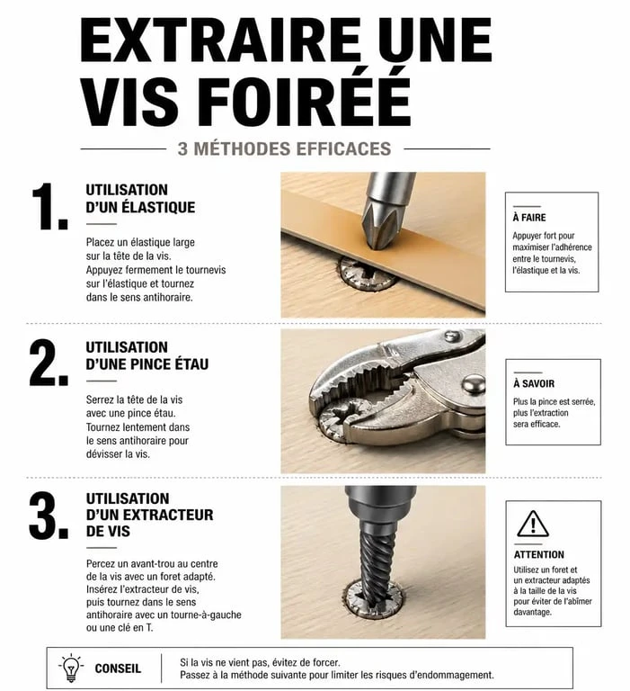 Schéma des méthodes pour réparer un pas de vis foiré et extraire une vis abîmée