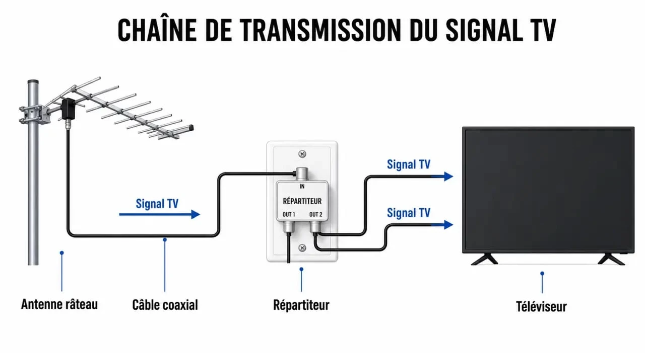 Schéma de branchement d'une antenne TV râteau pour une réception TNT optimale