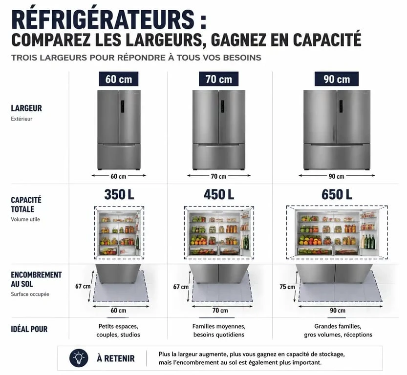Comparatif des capacités de réfrigérateurs : 60 cm, 70 cm et 90 cm pour choisir le meilleur réfrigérateur 70 cm largeur.
