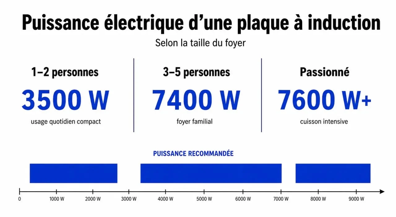 Infographie des puissances recommandées pour plaque à induction selon le foyer