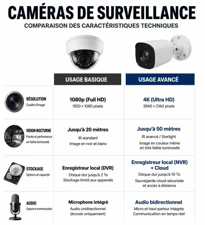 Infographie comparative des caractéristiques techniques pour choisir sa caméra de surveillance