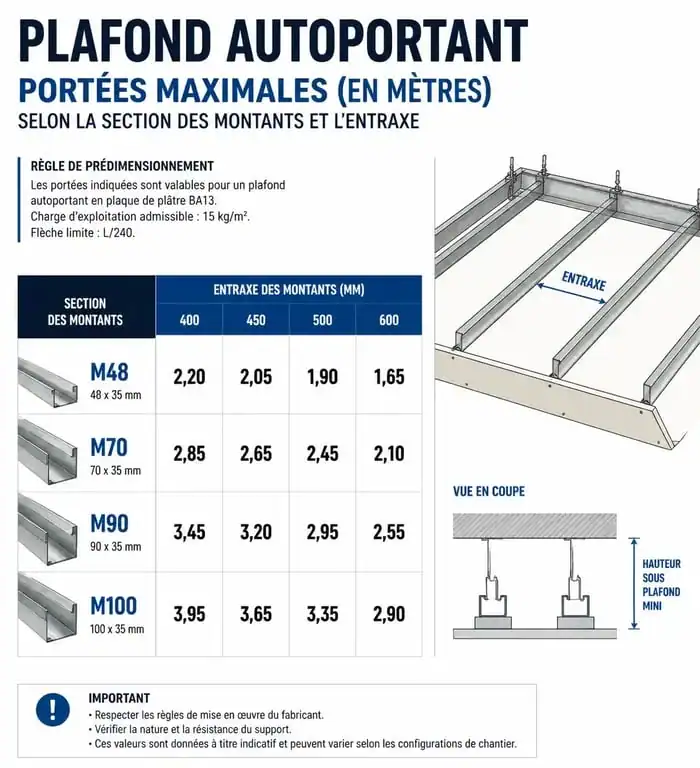 Tableau des portées maximales pour plafond autoportant selon la section des montants et l'entraxe