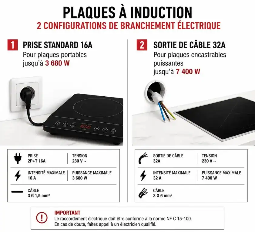 Infographie des seuils de puissance pour brancher une plaque induction sur prise normale ou dédiée
