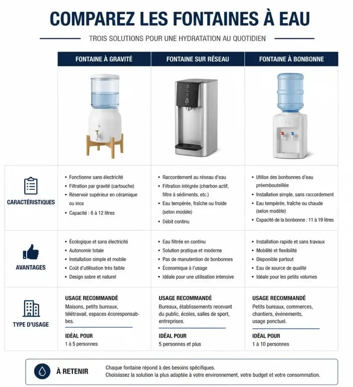 Infographie comparative pour choisir sa fontaine à eau : gravité, réseau ou bonbonne