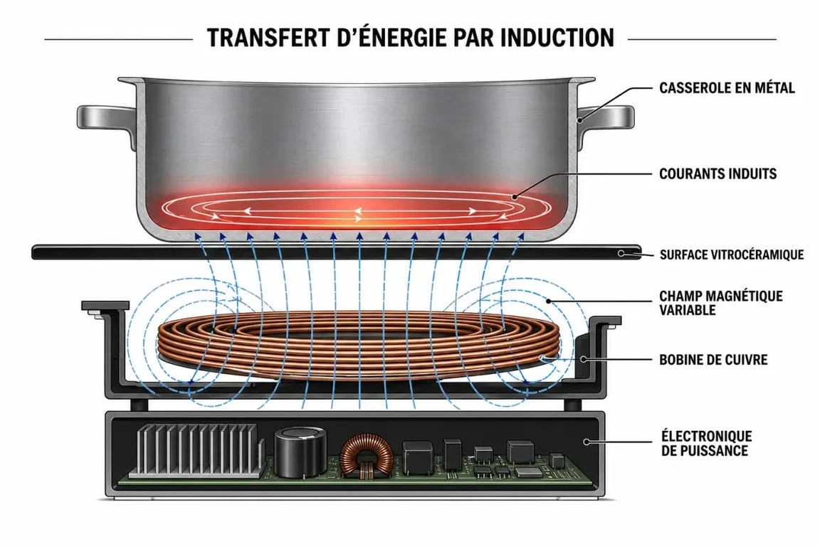 Schéma explicatif du fonctionnement d'une plaque à induction et du principe électromagnétique
