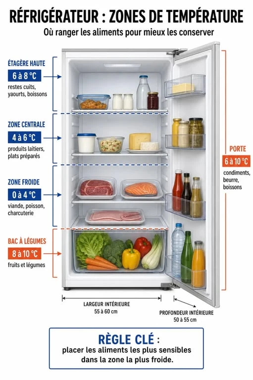 Infographie des zones de température idéales pour bien régler son frigo