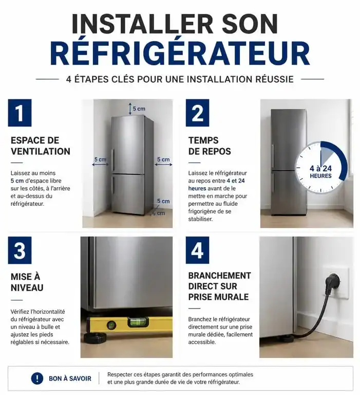 Infographie des étapes clés pour l'installation d'un frigo : ventilation, temps de repos et mise à niveau.