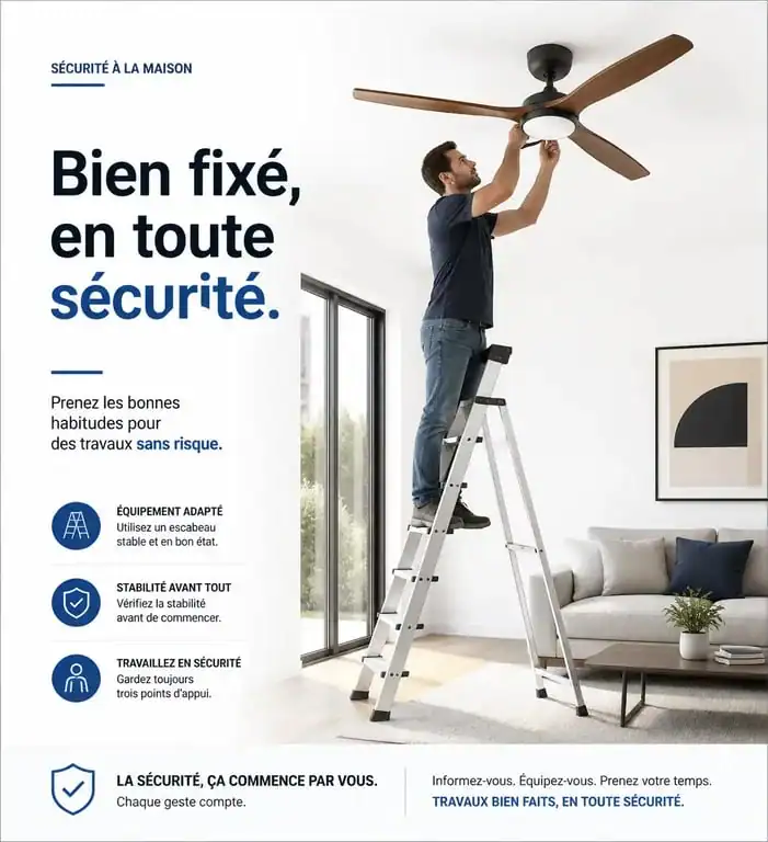 Installation sécurisée d'un ventilateur au plafond par un bricoleur