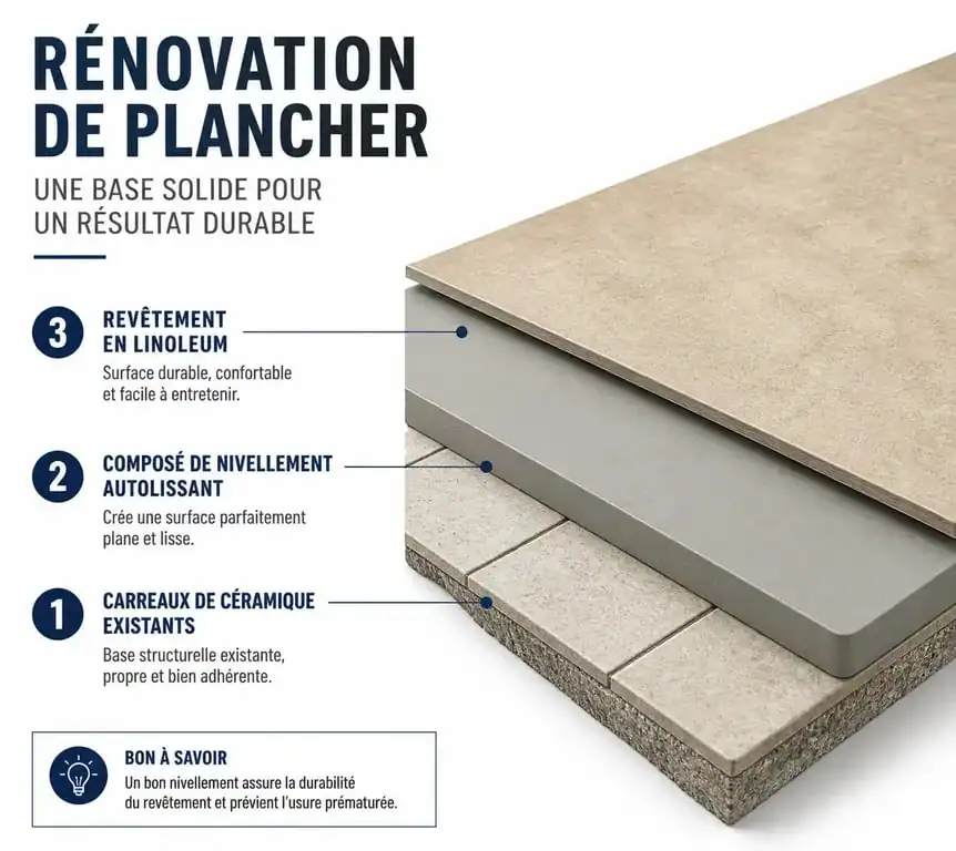 Coupe transversale montrant la pose de lino sur carrelage avec ragréage
