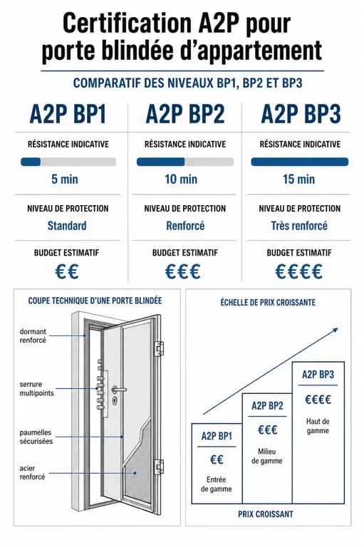 Infographie comparative des niveaux de sécurité A2P et prix des portes blindées pour appartement