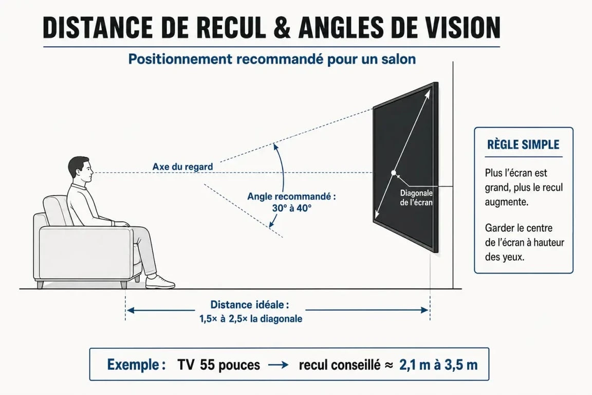 Schéma illustrant la distance idéale entre la télévision et le canapé pour un confort visuel optimal.