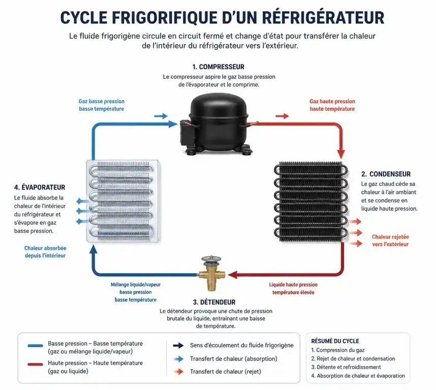 Schéma explicatif du fonctionnement d'un réfrigérateur et de son cycle frigorifique
